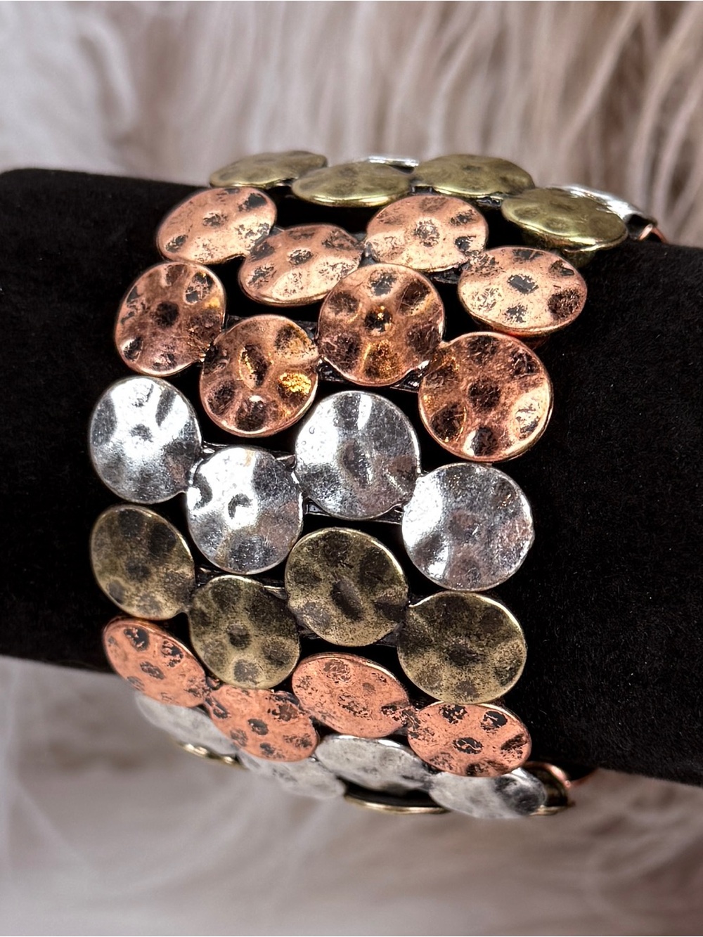 Vintage Hammered Tri Tone Stretch Bracelet Copper Brass Silver Tone